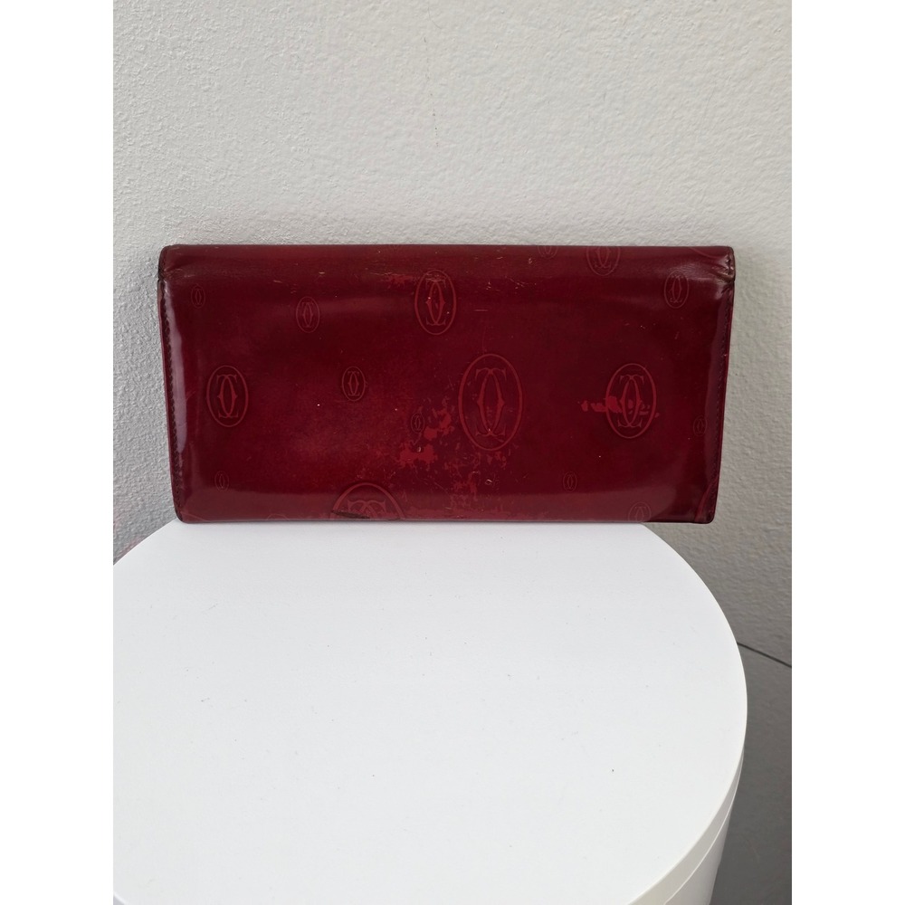 Cartier Happy Birthday Snap Embossed Leather Wallet Burgundy Red Patent Brown - Picture 3 of 15